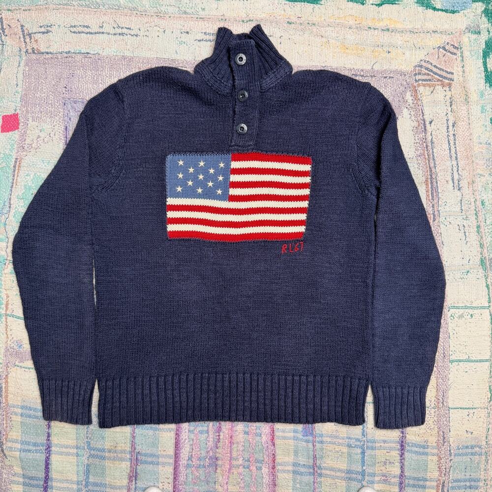 Polo Ralph Lauren USA American Flag Sweater Knit RL67 Navy M